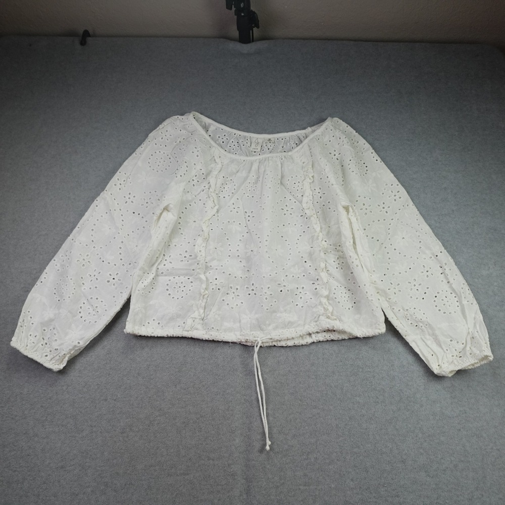 Joie Blouse Womens M White Eyelet Boho Ruffle Drawstring Peasant Top